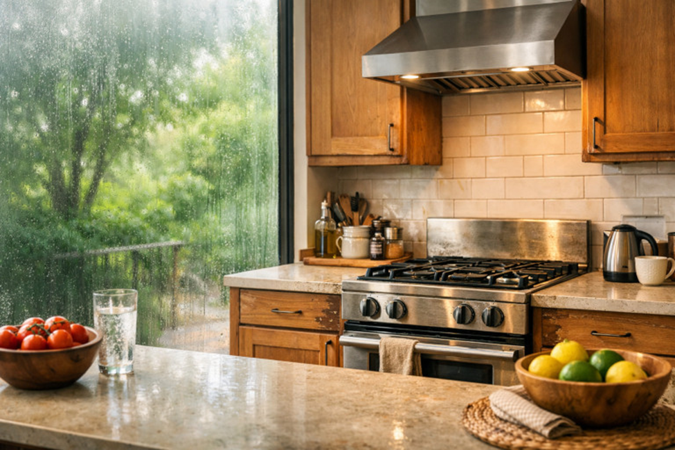 Modern Atlanta home interior during humid summer with natural light and moisture-prone kitchen surfaces