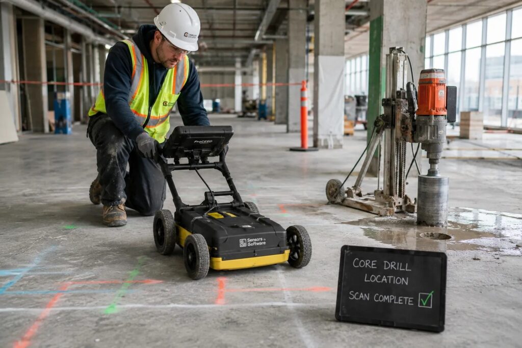 Technician performing concrete scanning before coring in Kitchener construction project