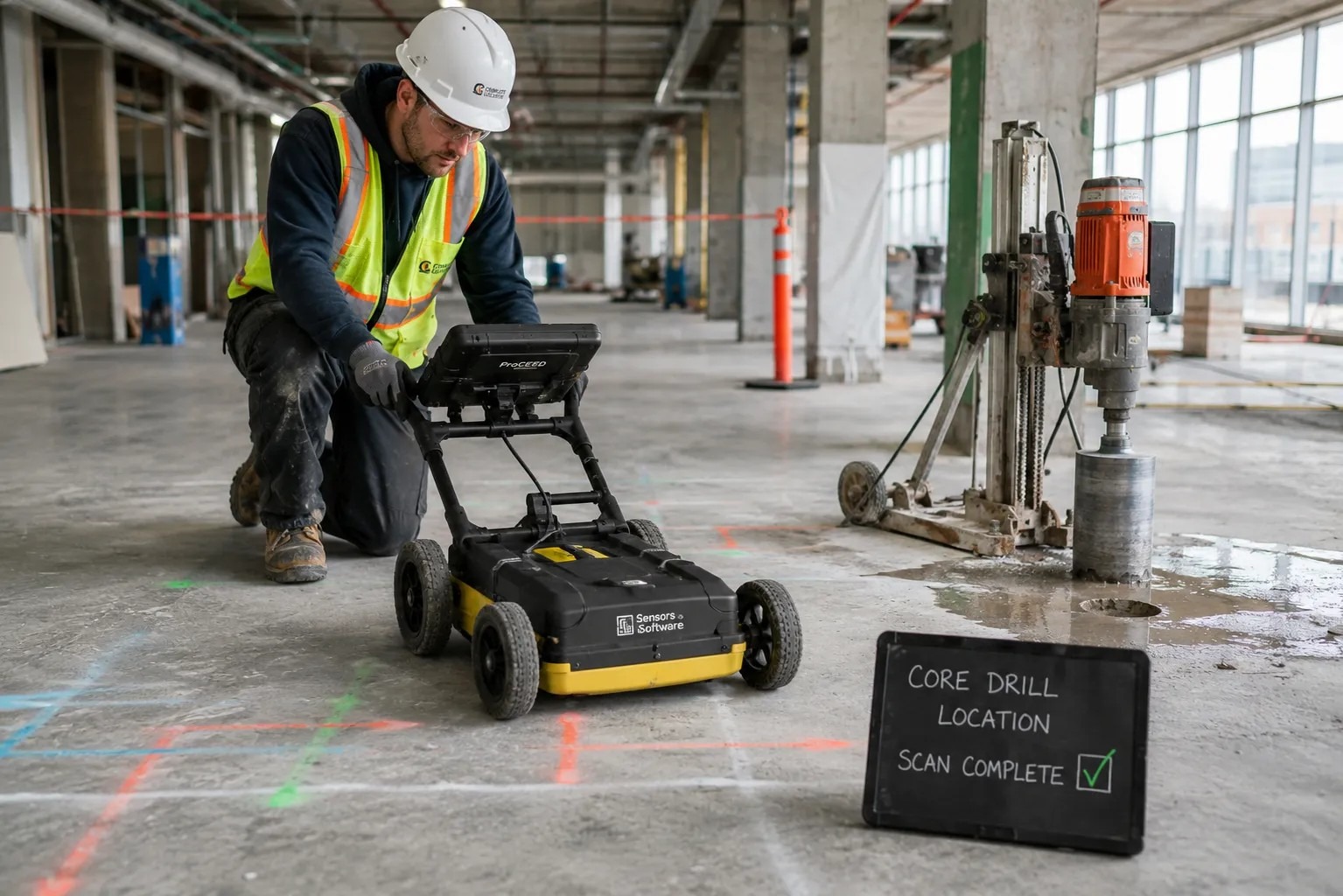 Technician performing concrete scanning before coring in Kitchener construction project